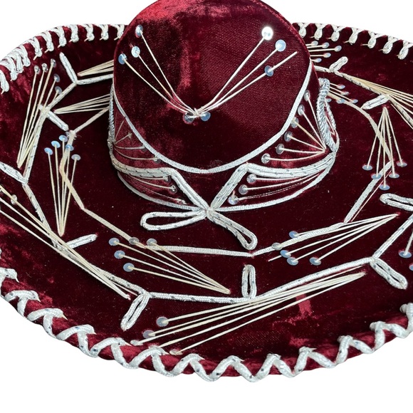 PIGALLE Mariachi Sombrero Maroon Velvet Silver Sequins Adult Large - Picture 4 of 14